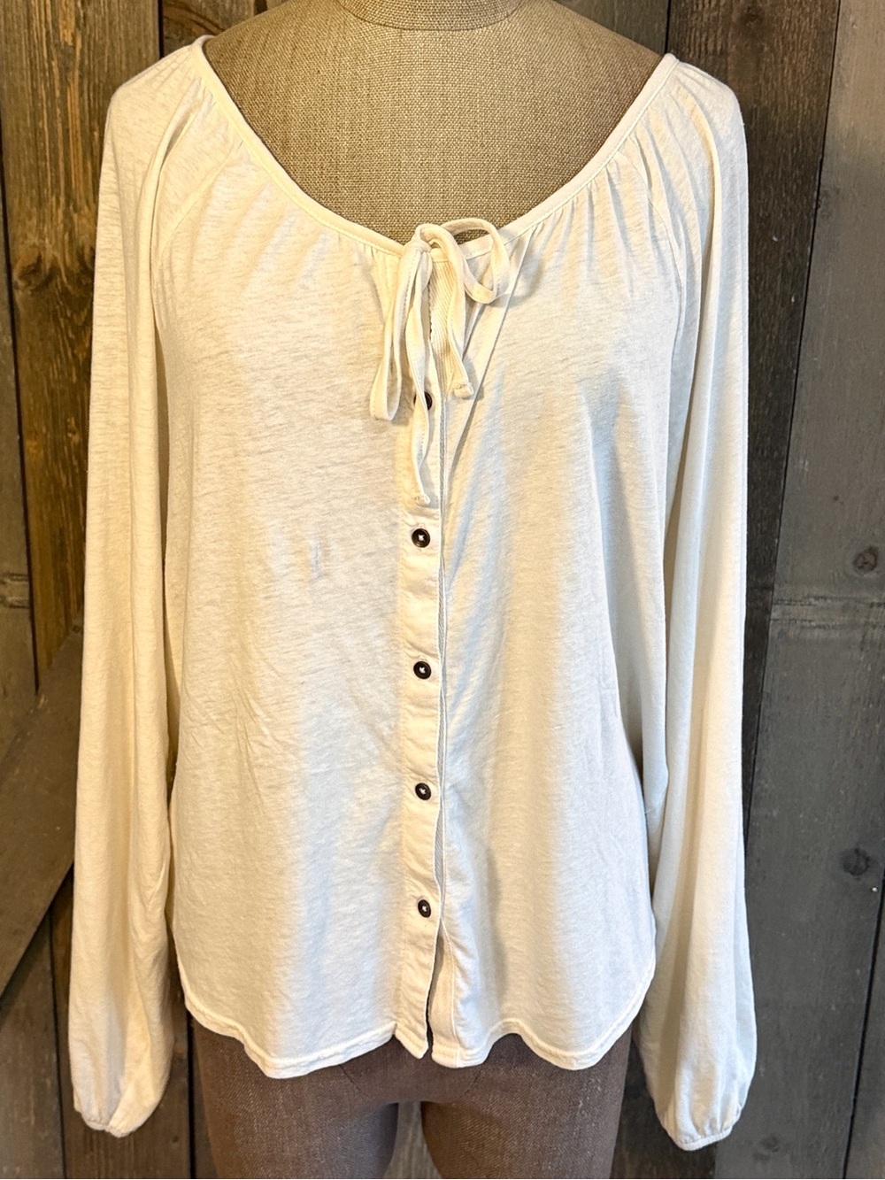 PACT Portside Poet Blouse Sea Salt Organic Cotton Linen Tie Neck Boho Cream